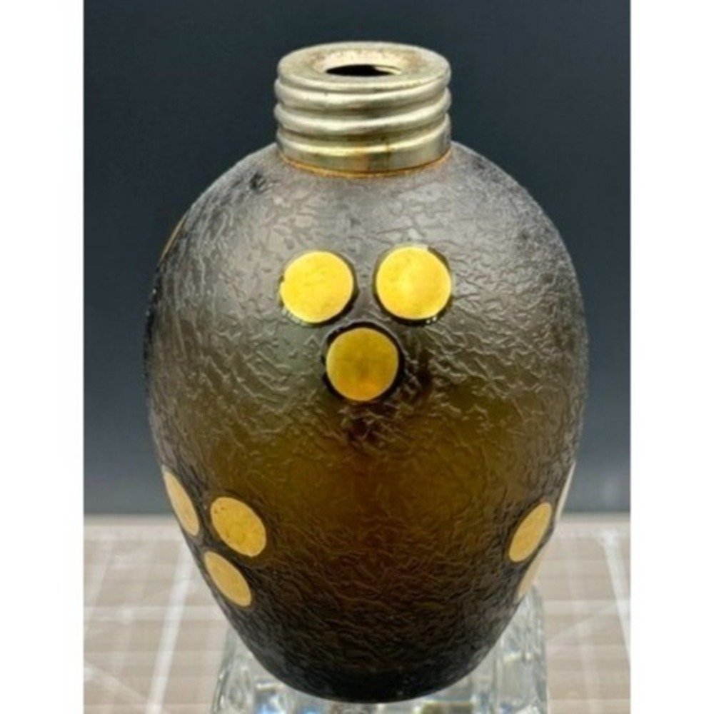 Vintage Art Glass Perfume Cologne Decanter Textured Brow Gold Circles No Top